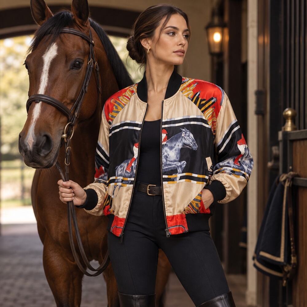 Vintage 80s Silk Blend Equestrian Scarf Print Bomber Jacket Horse Jockey M